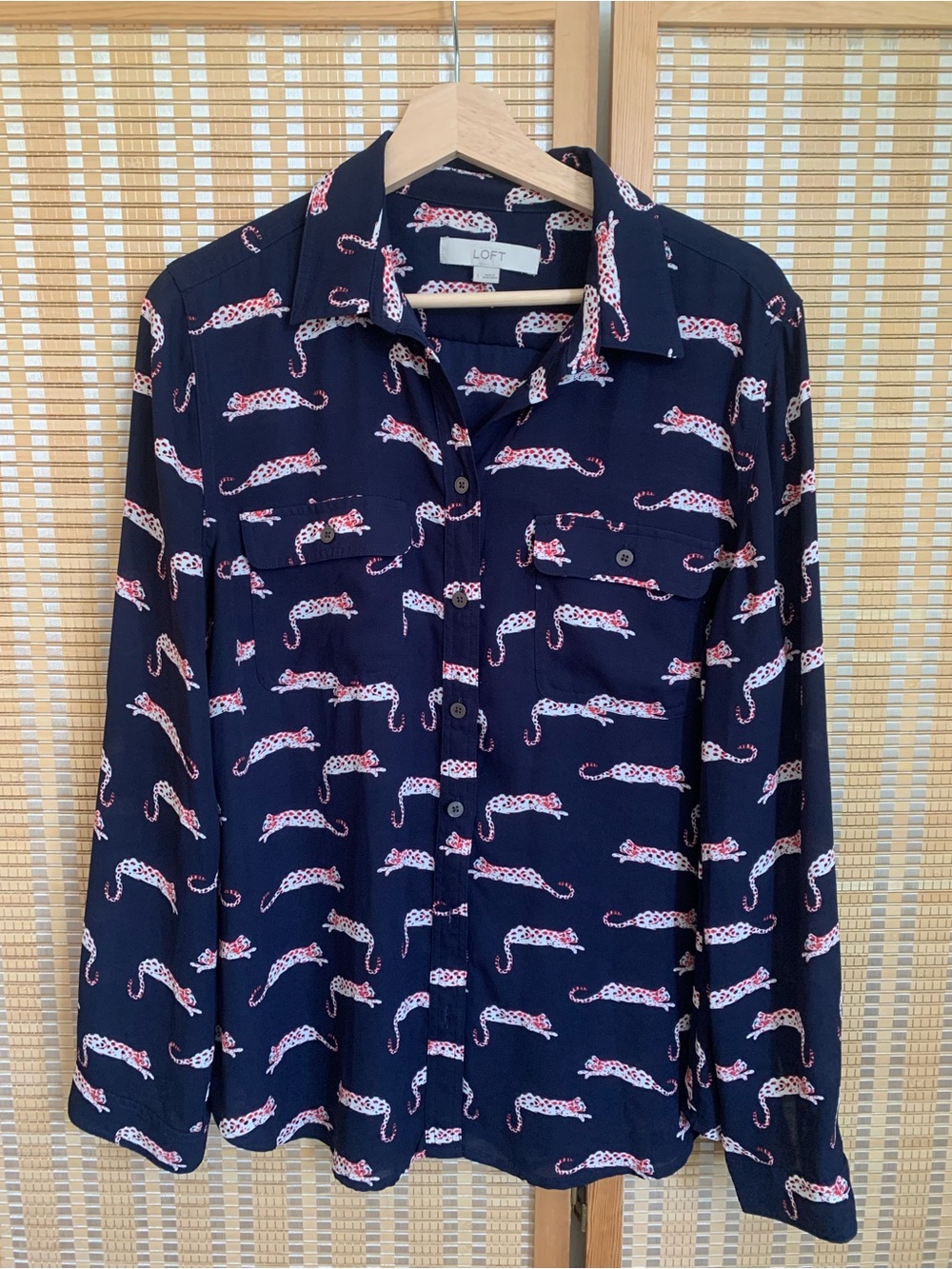 LOFT Navy Leopard Print Button-Up Shirt